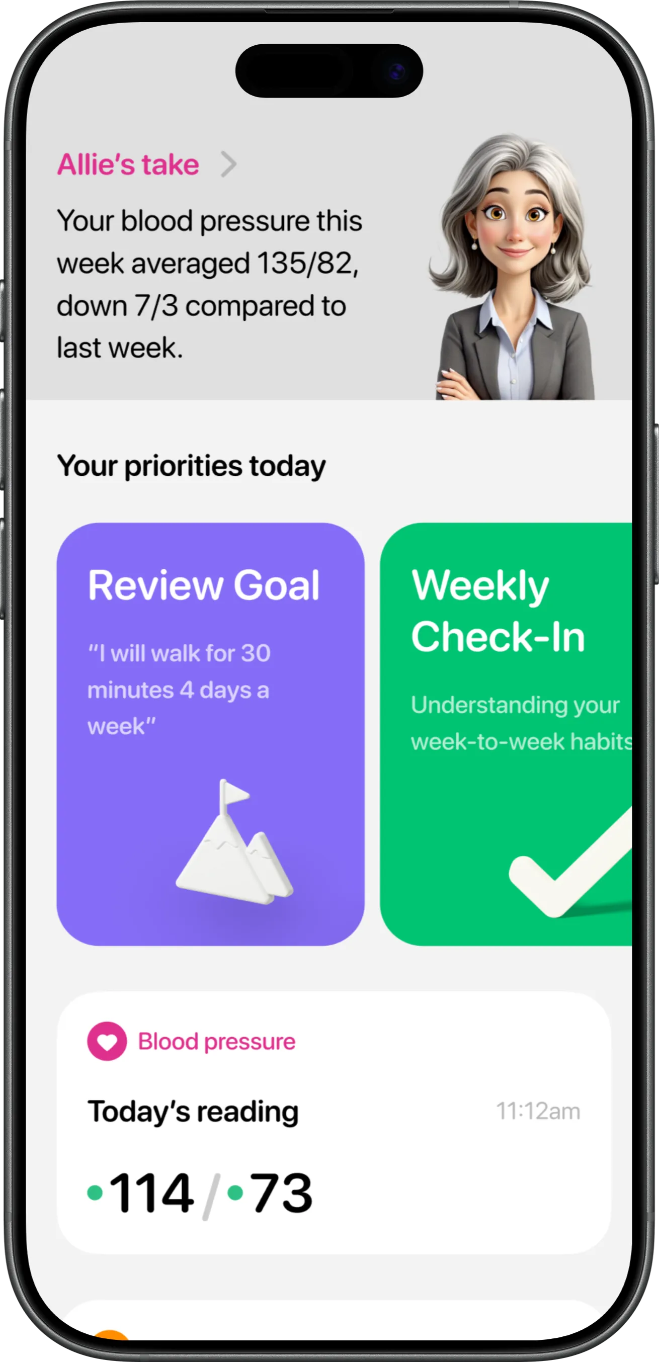 The Allie app showing a weekly blood pressure summary and today's priorities